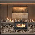 Burning Fireplace With Stacked Firewood Large Painting White Candles And Green Plant In Warm Interior