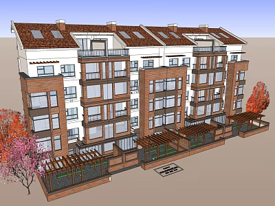 Multi Story Residential Building Featuring Red Brick White Exterior Brown Roof Balconies Pergolas And Trees 3d model