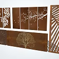 Rusted Steel Feature Wall with Leaf Branch Bird Tree and Geometric Patterns 3d model