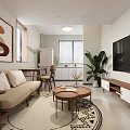 Modern Living Dining Room Interior With TV Indoor Plants Round Coffee Table And Wall Art