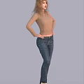 Women In Beige Tops And Blue Jeans Posing In Various Styles On Gray Background