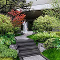 Chinese Garden Landscape Featuring Pagoda Waterfall Stone Bridge Lush Greenery and High-rise Buildings
