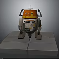 Orange Top White Body Robot Character With Antenna Mechanical Arms And Legs On Gray Platform
