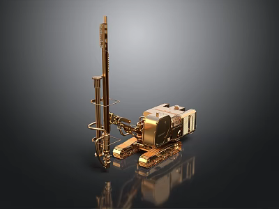 Golden Tracked Engineering Vehicle With Long Drill Arm And Metallic Texture On Dark Background 3d model
