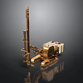 Golden Tracked Engineering Vehicle With Long Drill Arm And Metallic Texture On Dark Background