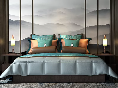 New Chinese Background Double Bed Double Bed Bedside Table Table Lamp Bedding 3d model