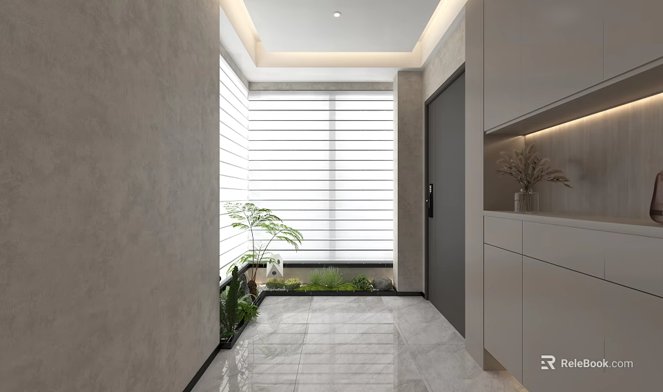 Modern Foyer Hallway With Tile Flooring Plants And Storage Cabinets 3d model 
