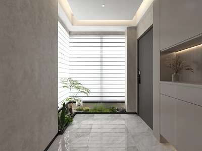 Modern Foyer Hallway With Tile Flooring Plants And Storage Cabinets 3d model