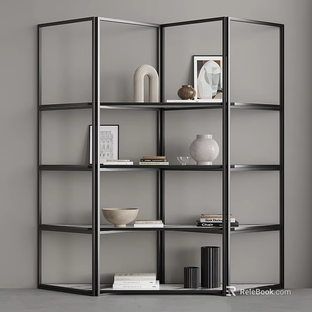 Modern Black Metal Shelving Unit With Decorative Vases Books And Photo Frames 3d model 