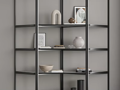 Modern Black Metal Shelving Unit With Decorative Vases Books And Photo Frames 3d model