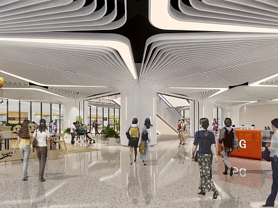 Modern Mall Shop Interior With Curved Ceiling Design Shoppers Walking Bright Open Space 3d model