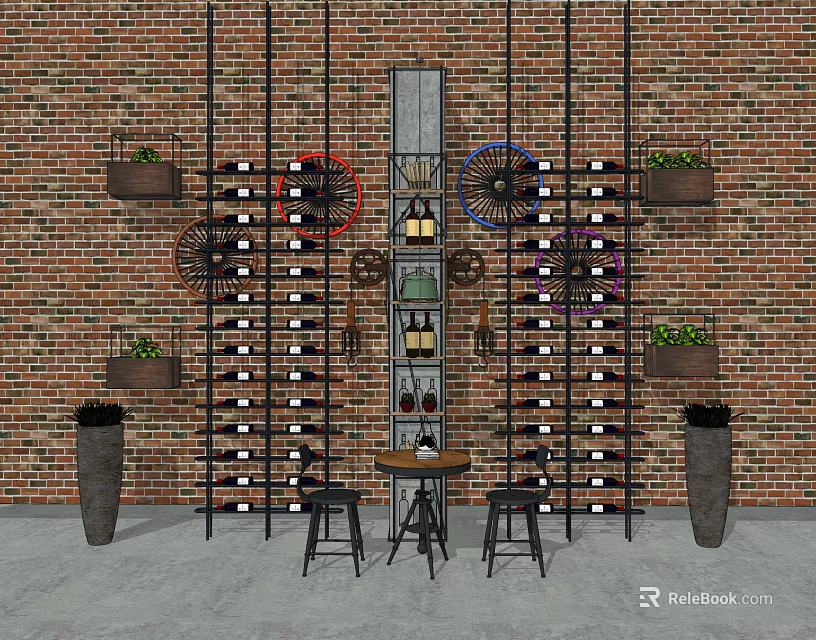 Metal Wine Rack with Brick Wall Background Bicycle Wheel Decor Planters Small Table and Stools 3d model 