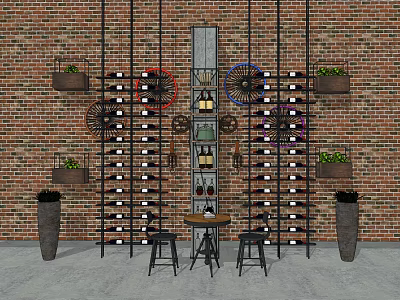 Metal Wine Rack with Brick Wall Background Bicycle Wheel Decor Planters Small Table and Stools 3d model