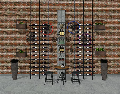 Metal Wine Rack with Brick Wall Background Bicycle Wheel Decor Planters Small Table and Stools 3d model