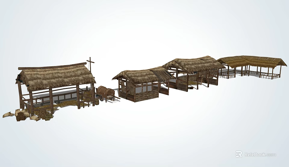 Traditional Rustic Wooden Buildings With Thatched Roofs And Cross In Village Scene 3d model 