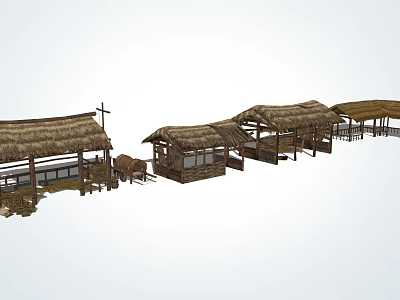 Traditional Rustic Wooden Buildings With Thatched Roofs And Cross In Village Scene 3d model