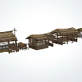 Traditional Rustic Wooden Buildings With Thatched Roofs And Cross In Village Scene