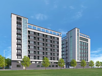 Modern Industrial Factory Building Featuring Multi Story Glass Windows Green Lawn Trees And Blue Sky 3d model