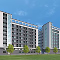 Modern Industrial Factory Building Featuring Multi Story Glass Windows Green Lawn Trees And Blue Sky