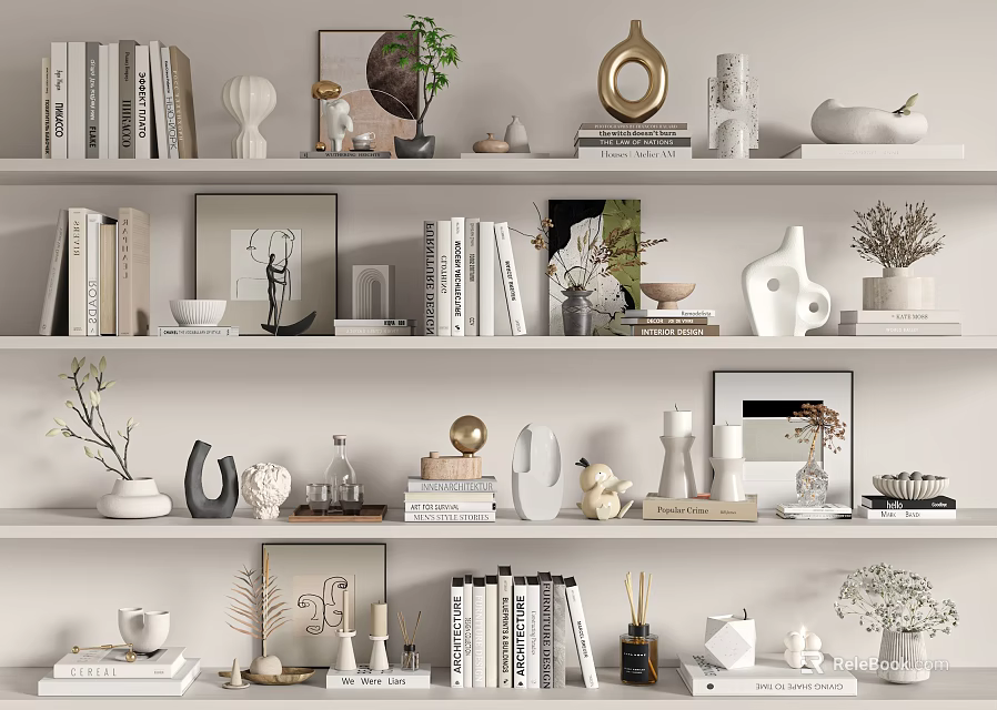 Modern Shelves Decorative Items Collection With Books Vases Sculptures Plants And Frames 3d model 
