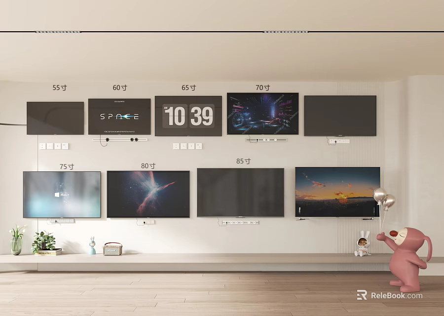 Multiple Televisions on Wall Display with Various Screen Contents and Decorative Setup 3d model 