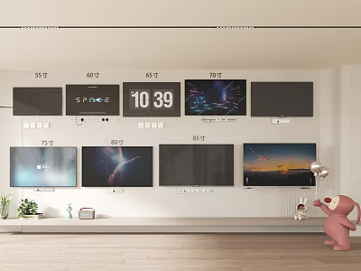 Multiple Televisions on Wall Display with Various Screen Contents and Decorative Setup 3d model