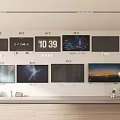 Multiple Televisions on Wall Display with Various Screen Contents and Decorative Setup