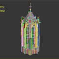 Gothic Architecture Tower With Spire Arched Windows And Stone Brick Structure 3d model