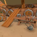 Cartoon Pirate Beach Scene with Wooden Boat Palm Trees and Barrels on Sand