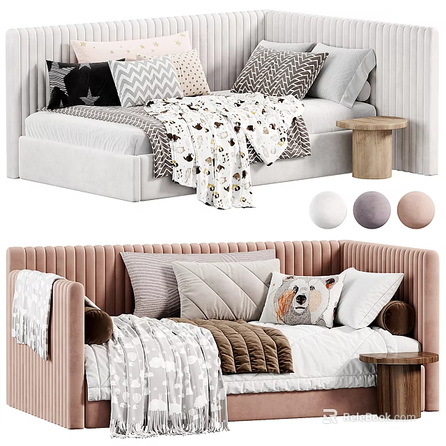 Single Bed Cozy Design With Various Patterned Pillows Soft Blankets Tufted Headboard And Side Table 3d model