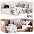Single Bed Cozy Design With Various Patterned Pillows Soft Blankets Tufted Headboard And Side Table 3d model