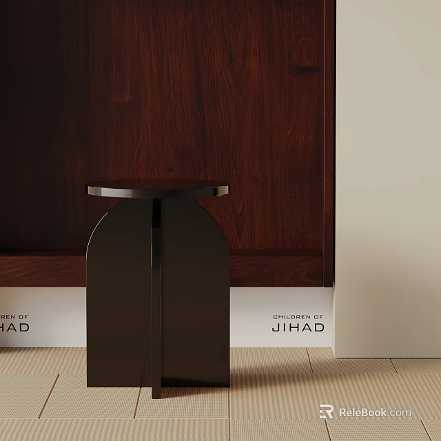 Modern Black Metal Side Table with Minimalist Base and Wooden Wall Accent 3d model 