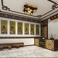 Traditional Chinese Wellness Center Interior With Calligraphy Scrolls Wooden Bench Paintings Ornate Front Desk Lanterns