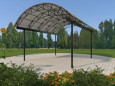 Outdoor Arched Metal Canopy Structure Over Patio With Grass Trees And Flowers 3d model