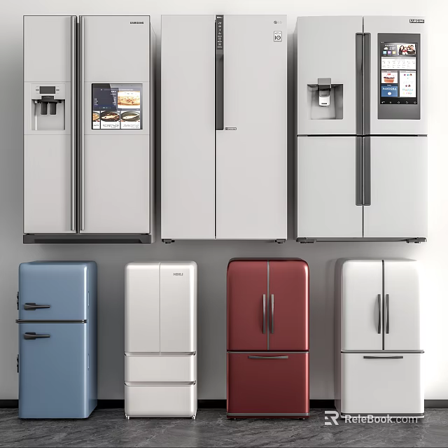 Modern Stylish Refrigerators and Freezers in Various Colors and Door Styles for Home Kitchens 3d model 