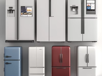 Modern Stylish Refrigerators and Freezers in Various Colors and Door Styles for Home Kitchens 3d model