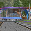 Outdoor Artistic Colorful Curved Pergola With Perforated Lattice And Green Plant Surroundings