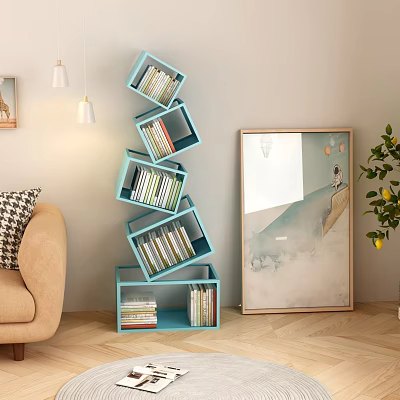 Modern Blue Geometric Bookcase With Open Shelves Holding Books In Living Room Near Sofa Mirror 3d model