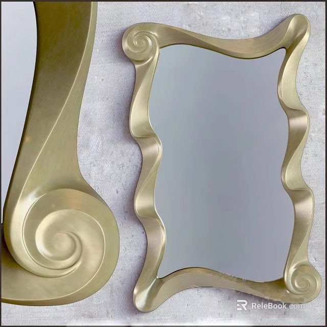Ornate Golden Mirror With Curved Scroll Frame And Elegant Design 3d model 