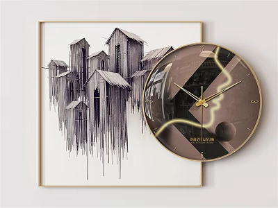 Abstract Architectural Pattern Decorative Painting And Round Wall Clock For Home Decor 3d model