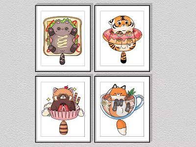 Cute Cartoon Animal Paintings with Cat Tiger Red Panda Fox and Food Elements 3d model