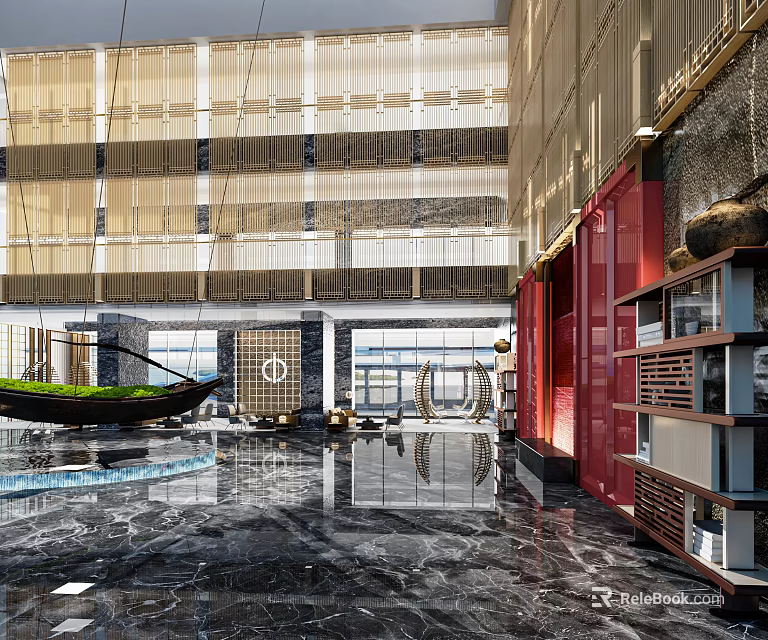 Hotel Lobby Interior Design With Marble Floor Green Decorative Boat Red Cabinets And Natural Light 3d model 