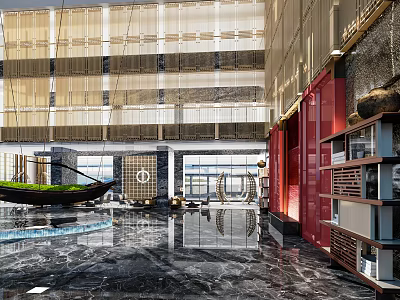 Hotel Lobby Interior Design With Marble Floor Green Decorative Boat Red Cabinets And Natural Light 3d model