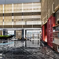 Hotel Lobby Interior Design With Marble Floor Green Decorative Boat Red Cabinets And Natural Light