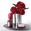 Elegant Bathroom Accessories With Red Flowers Red Bottles Silver Vase And Soap