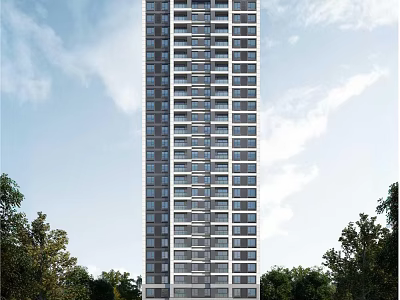 Modern High Rise Building Exterior Surrounded by Trees Under Blue Sky 3d model