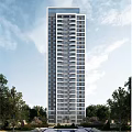 Modern High Rise Building Exterior Surrounded by Trees Under Blue Sky