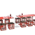 Modern Red Dining Table And Stool Set With Rectangular Top And Wicker Design Structure 3d model