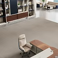 Modern Office Desk with Leather Chair Wooden Bookcase and Laptop in Contemporary Interior