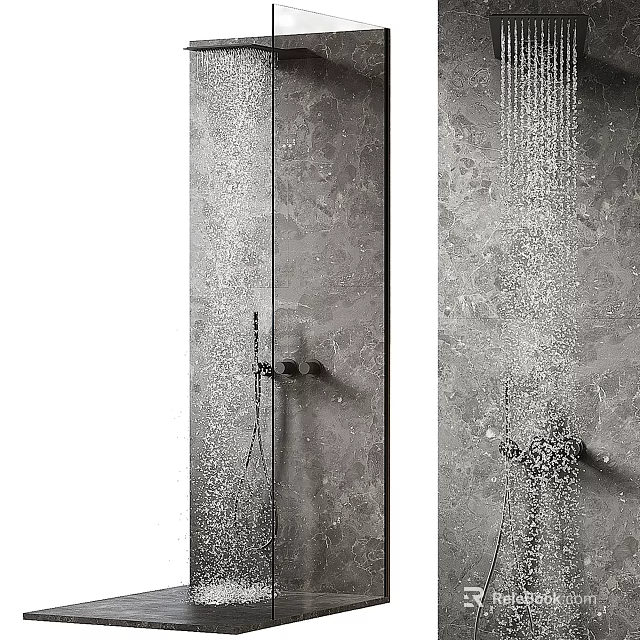 Modern Shower Sauna Interior Design With Rainfall Showerhead And Handheld Sprayer On Stone Wall 3d model 